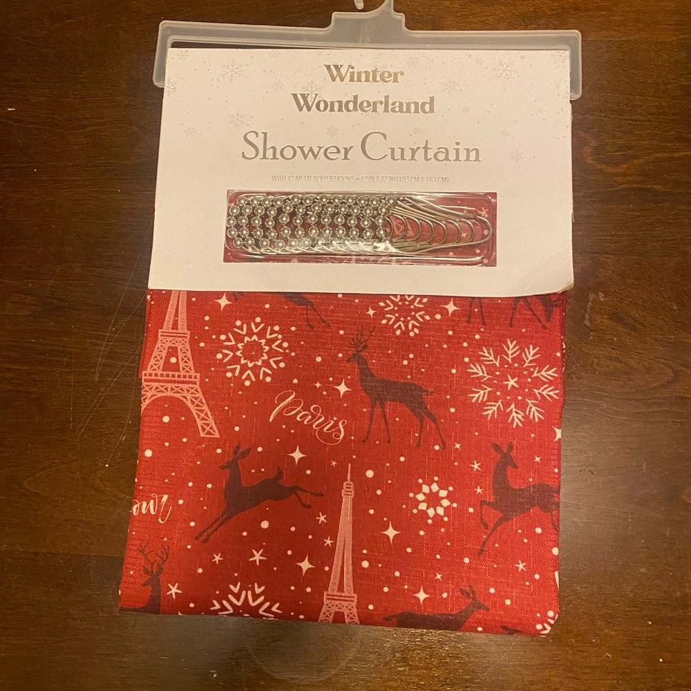 NEW Winter Wonderland shower curtain with metal hooks.